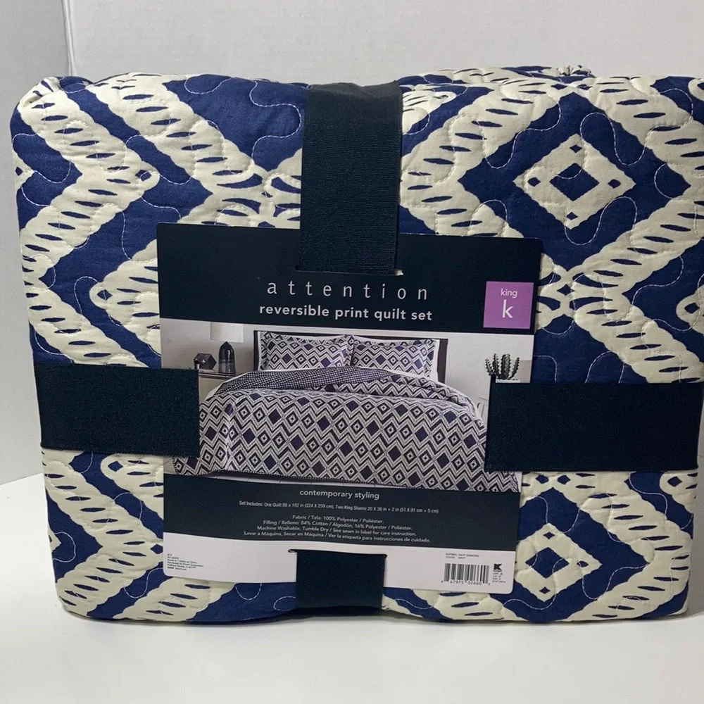 Attention Reversible Quilt Set King NWT Contemporary Styling Diamond Blue